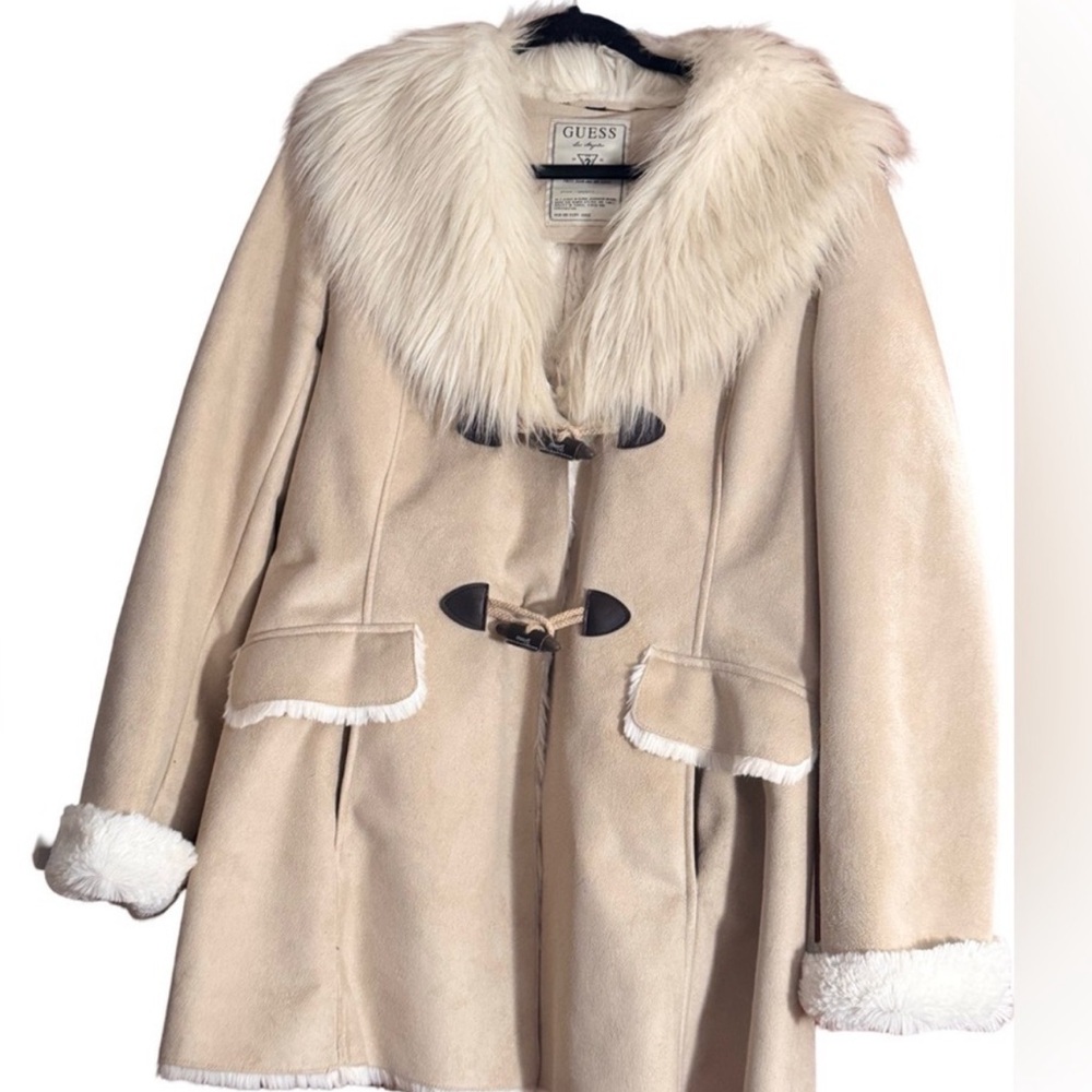 Guess OP Cream Teddy Shearling Coat with Faux Fur Collar